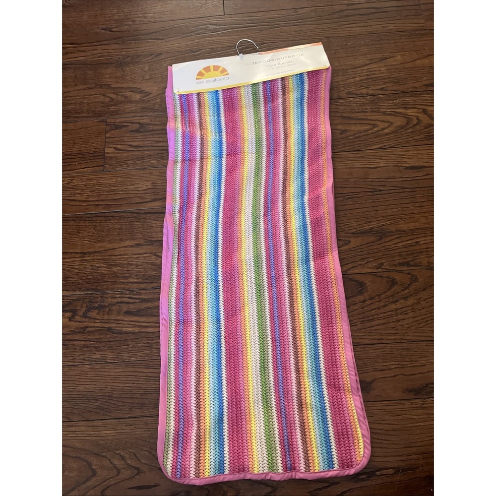 C&C California Table Runner Rainbow Woven PRIDE Pink Trim Indoor Outdoor 14x72